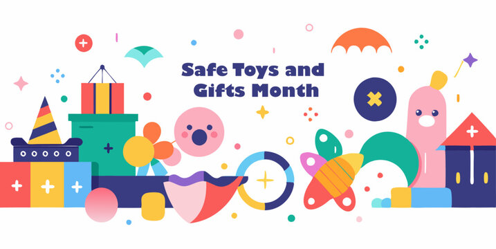 Safe toys and gifts month - colorful illustration for holiday awareness and prevention