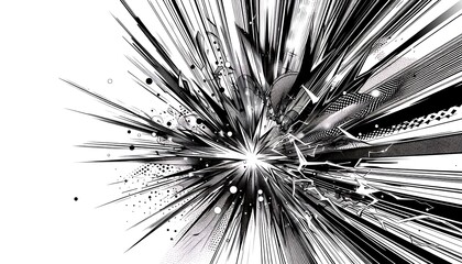 Explosive energy with bright flashes and dynamic lines creating the feeling of a powerful explosion or impact. Black and white graphics in manga style