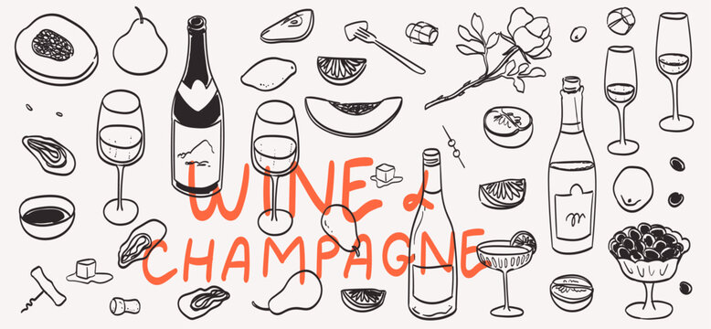 Hand drawn chalk food and wine illustrations. Wedding dinner icons. Wine or champagne glass, cocktail, fruits drawings for wedding invitation, cafe menu or party. La dolce vita italian sketch style.