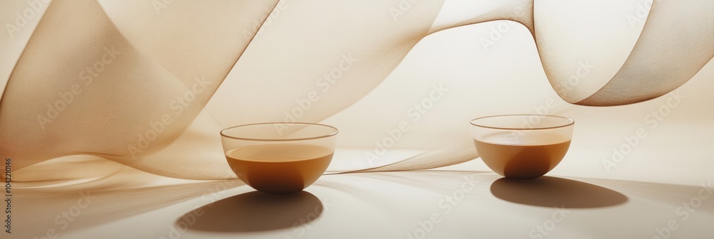 Poster soft waves and graceful lines intertwine, reflecting the calm essence of tea leaves next to delicate