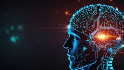 A digital illustration of a human head with a circuit board pattern, representing artificial intelligence or technology.