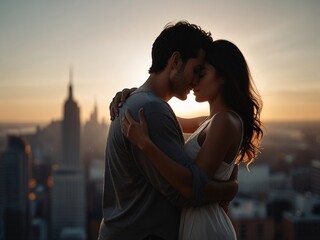 "Romantic Couple Embracing at Sunset Overlooking City Skyline with Empire State Building in the Background