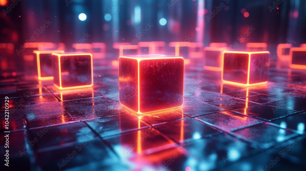 Fototapete Multiple neon cubes glow vividly, casting reflections on a sleek, dark surface. The setting features an array of colorful lights, creating a high-tech atmosphere.