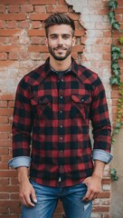 Young man with beard in flannel shirt and jeans standing in front of a brick wall