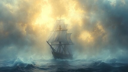 Fototapeta premium Sailing Through the Storm: A Ship Battles the Elements