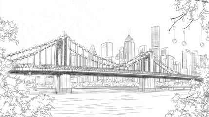 Fototapeta premium Hand drawn city bridge over river with skyline