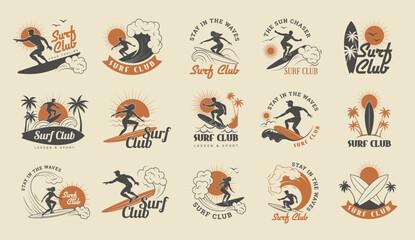 Surf club. Logo bundles collection with place for text retro labels set recent vector surfers emblems