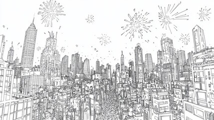 Hand drawn city skyline with fireworks celebration