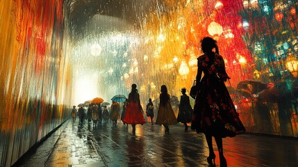 Rainy Night Cityscape with Silhouettes of People Walking