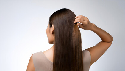 Naklejka premium Trendy young woman with long hair styling her hair, back view, set against a soft white background
