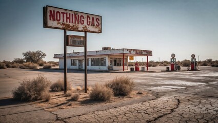 A decrepit, abandoned gas station and convenience store that ironically reads "Nothing Gas" in rusty letters.