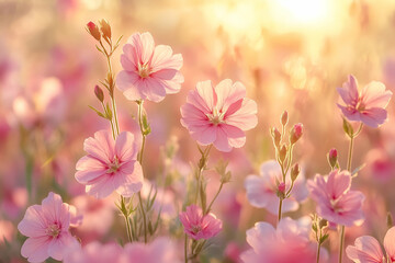 Obraz premium A serene field of delicate pink flowers basking in soft sunlight, creating a tranquil and enchanting atmosphere.
