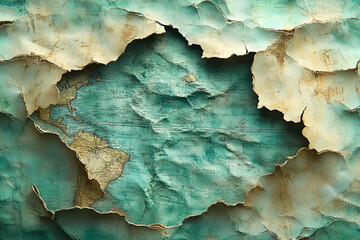 Obraz premium A close-up of textured, peeling paint revealing layers of turquoise and aged paper, creating an artistic, weathered appearance.