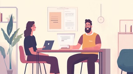 A man and woman are sitting at a table in an office setting, smiling and looking at each other. They are both working on laptops.