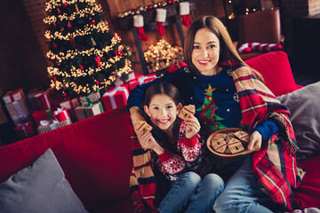 Photo of two peaceful people mother daughter sit couch cuddle hold cookies new year xmas garland lights apartment indoors