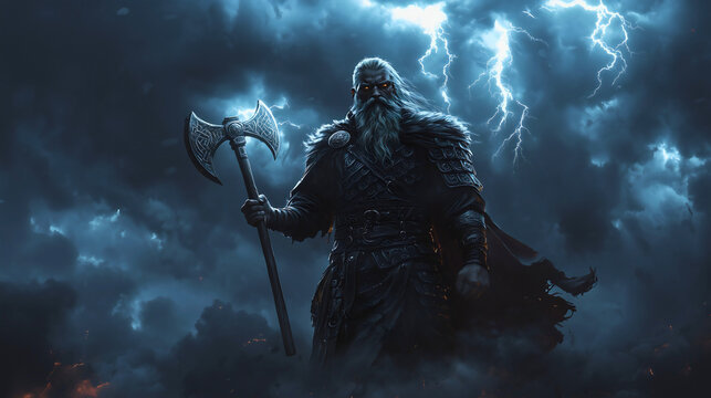 Perun, one of the gods from Slavic mythology, was created by his father Svarog, the supreme god. He is the god of thunder and justice, wielding his axe amidst the stormy sky.