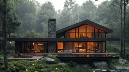 Fototapeta premium A contemporary house with expansive glass windows and a stone chimney rests in a tranquil forest
