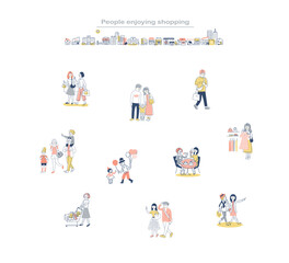 歩いているさまざまな人々　ショッピング　セット