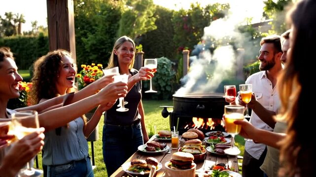 Friends toasting with drinks at backyard barbecue celebration