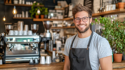 A smiling barista stands in a cozy coffee shop, surrounded by an espresso machine, cups, and plants, creating a warm and inviting atmosphere.