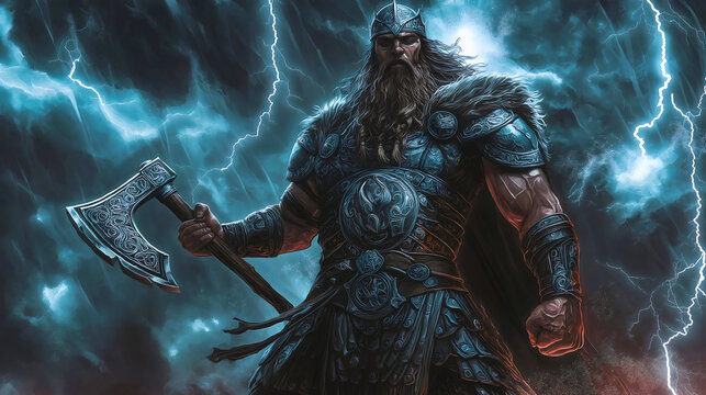 Perun, the god of thunder from Slavic mythology, is a protector and one of the greater gods in this tradition. He stands against a stormy, rain-filled sky, wielding his war axe with power and authorit