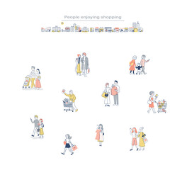 歩いているさまざまな人々　ショッピング　セット