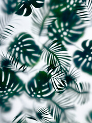 Naklejka premium Botanical background with green leaves on white. Tropical palm leaves behind frosted glass with grain glassmorphism effect