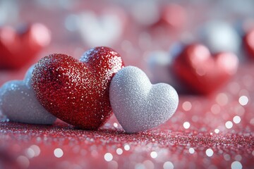 Fototapeta premium A vibrant collection of sparkling red and white hearts on a soft pink background for a celebration