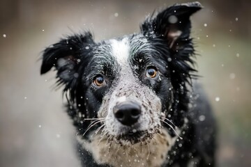 close-up portrait of a black and white Australian shepard dog in a park shaking off mud