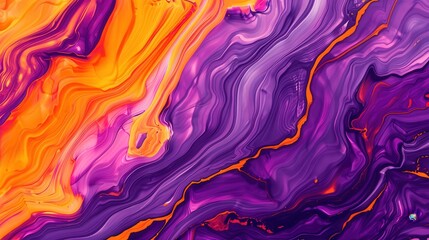 Vivid Marble Ink Swirl, a striking blend of bold purple and orange hues creating a dynamic and captivating abstract design with fluid marble patterns.