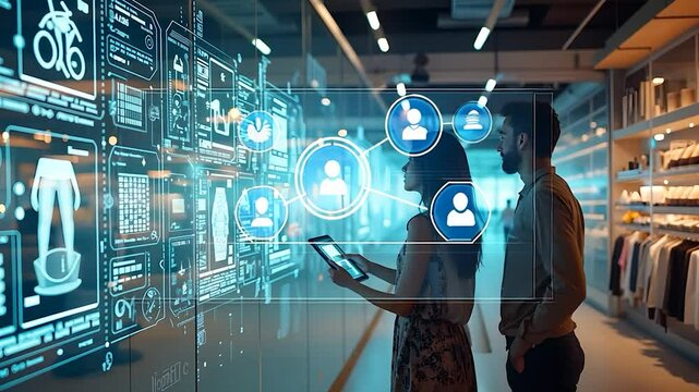 Couple Using Digital Interactive Display in Retail Store
