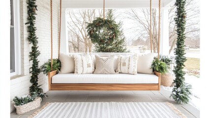 A welcoming winter porch showcases a large swing sofa adorned with soft pillows, surrounded by elegant garland and a beautifully decorated Christmas tree