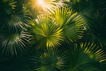 Fototapeta premium The sun shines through the leaves of a palm tree