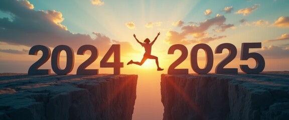 A silhouette of a person jumping across a gap between two cliffs marked 2024 and 2025, symbolizing progress, change, and new beginnings. The image evokes a sense of opportunity and future.