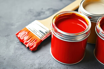 Bright red paint cans and a brush on a textured surface ready for creative projects in a well-lit...