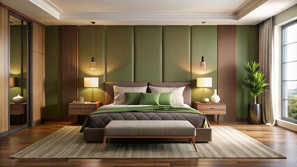 Reflected modern bedroom interior in brown and green colors