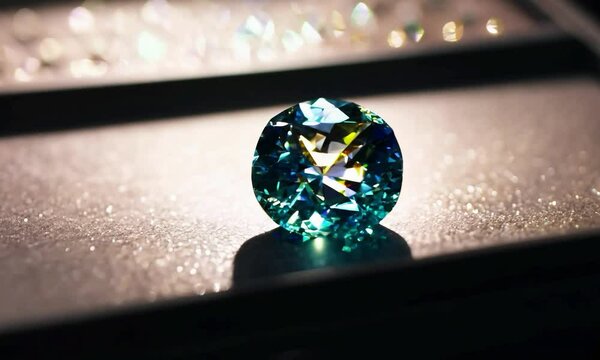 Pan shot with dramatic, shadowed lighting: The camera starts with a wide-angle pan of a display case filled with various gemstones. The camera moves to focus on a single gemstone, highlighting the dra