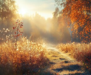Golden autumn morning light illuminating a tranquil forest pathway