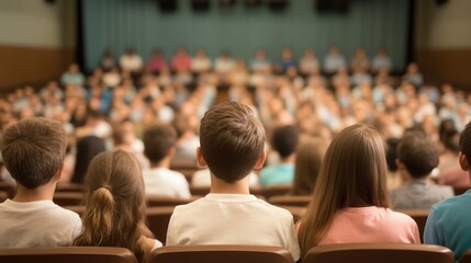 Obraz premium School Assembly Celebration, vibrant auditorium filled with students and families, engaging activities, inspiring speeches, fostering community spirit and excitement for the new academic year