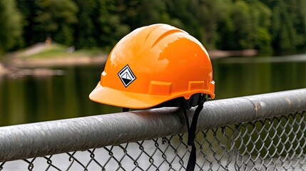 A close-up view shows two construction helmets and a safety vest hanging on a metal fence, illuminated by natural daylight, emphasizing workplace safety