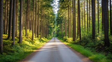 Sunlit Pathway Through Pine Trees, Gentle sunlight cascades through lush pine branches, illuminating a serene forest path, inviting tranquility and peaceful exploration