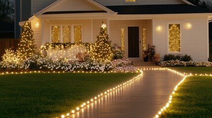 Obraz premium The cozy house is beautifully lit with Christmas decorations, creating a warm and inviting atmosphere during the holiday season