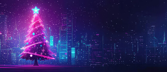 A vibrant, neon Christmas tree sparkles amidst a city skyline, creating a festive atmosphere with colorful lights against a dark background.