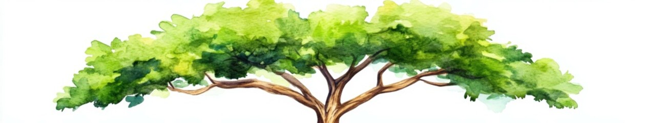 Fototapeta premium Lush green tree with broad canopy, hand-painted in watercolor style