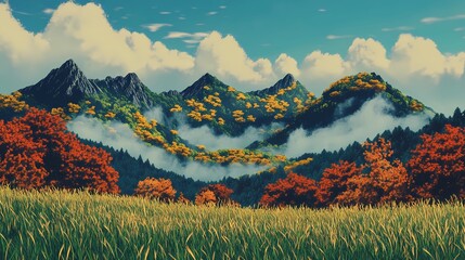 Fog rolling over the autumn mountains, with vibrant fall trees and mist-covered peaks, perfect for tranquil and atmospheric nature-themed stock imagery.