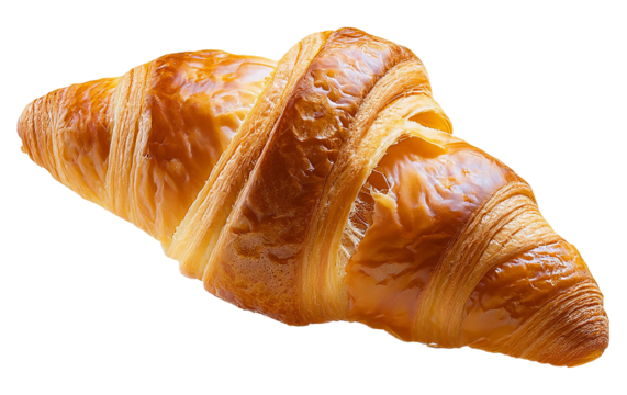 Croissant close-up hover in air, cut out, isolated on transparent background, png photo. Food levitation. Tasty sweet food