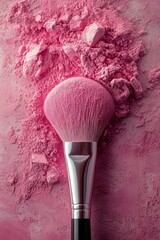 A close up view of a makeup brush resting on pink powder on a textured surface in natural light