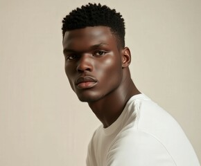 Obraz premium Young man wearing an oversized t-shirt poses against a neutral background