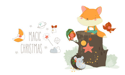 Little Fox sitting on Stump in Winter Forest