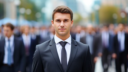 Fototapeta premium Businessman walking confidently through a bustling city street during the daytime